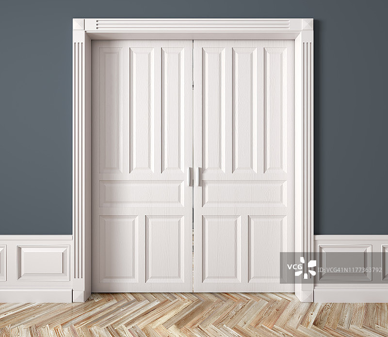 室内经典的白色凸起滑动门，门3d渲染图片素材