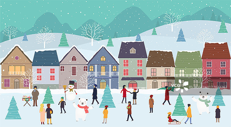 圣诞冬季仙境景观与令人难以置信的房子，小山和人在镇广场在新年前夕。跳舞的熊，滑冰，在节日前夜散步。图片素材