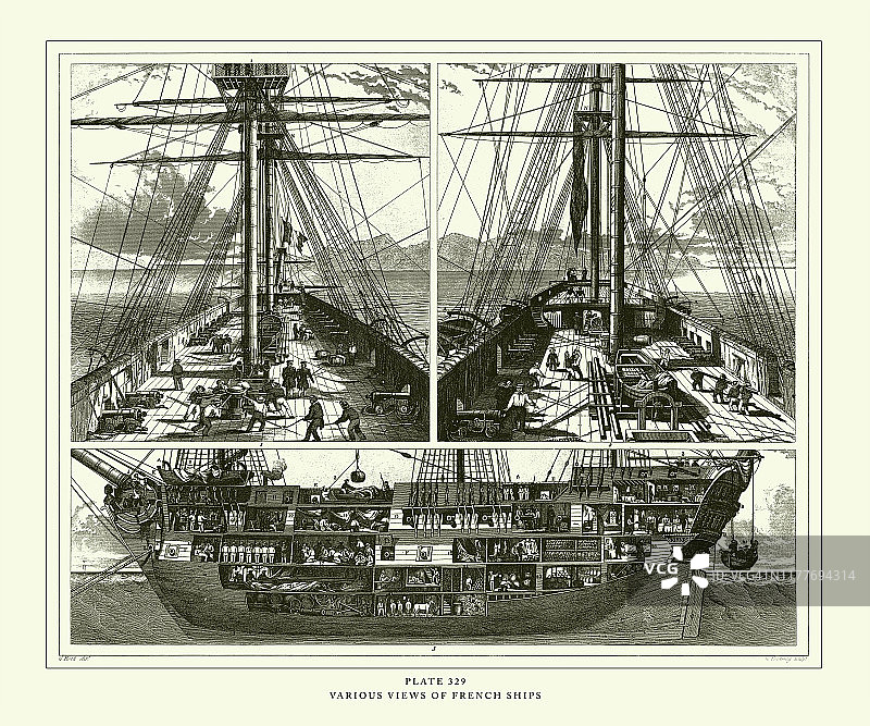 雕刻古董，法国船只雕刻古董插图，1851年出版图片素材