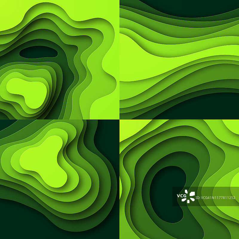 一套剪纸背景。绿色抽象波浪形状-时尚的3D设计图片素材