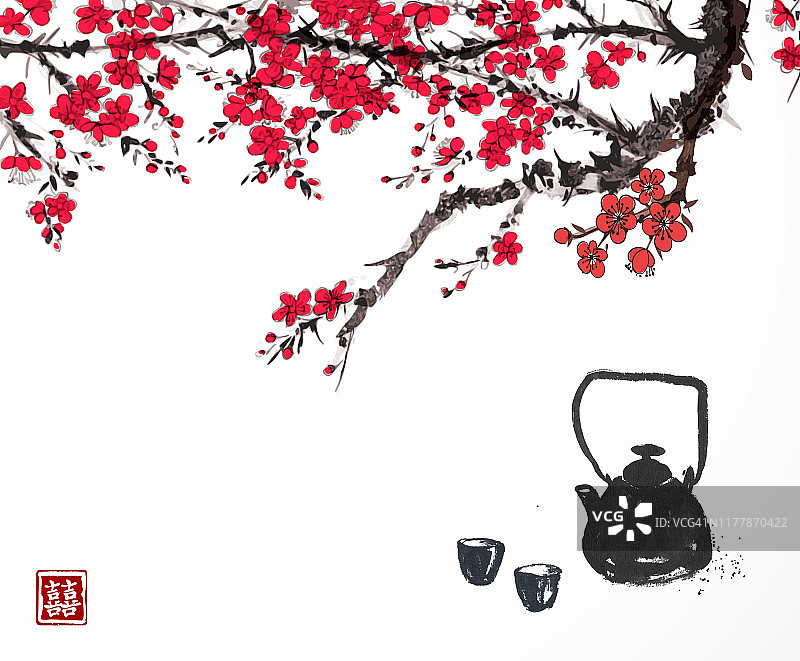 传统的亚洲茶道。樱花树下的茶壶和杯子。传统的日本水墨画。象形文字-双倍的运气。图片素材