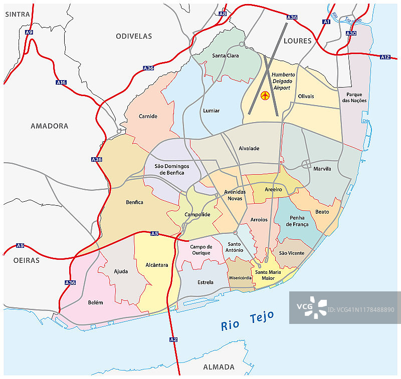 里斯本新城市结构的行政和路线图图片素材