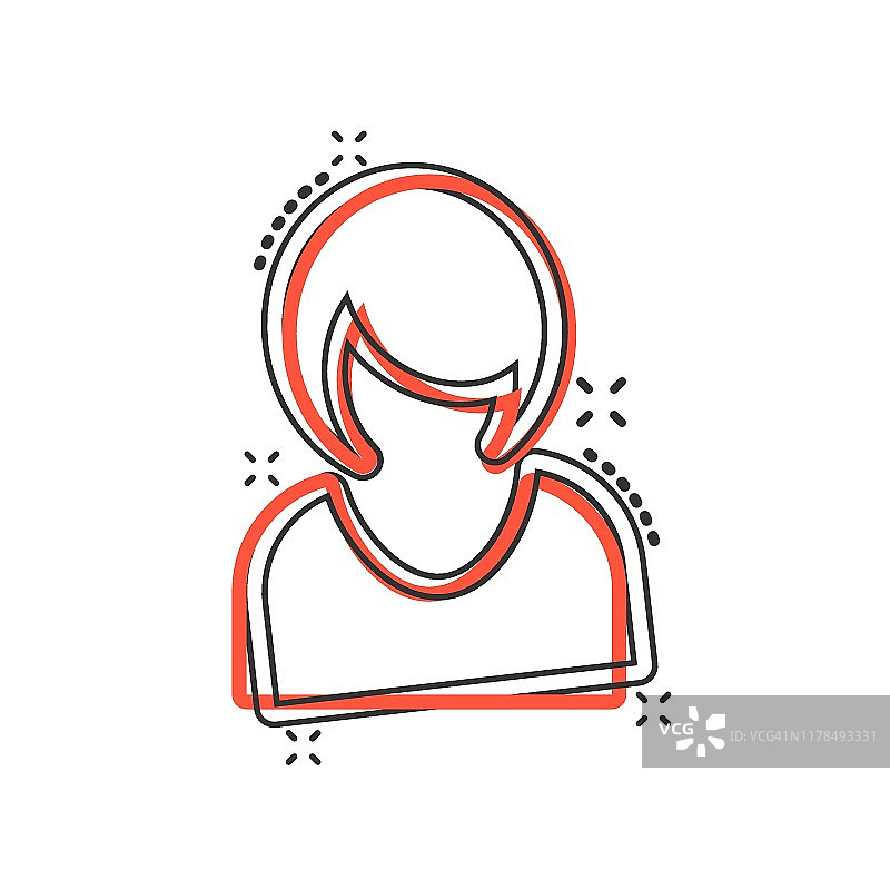 漫画风格的女人标志图标。女性化身矢量卡通插图在白色孤立的背景。女孩脸的经营理念喷溅效应。图片素材
