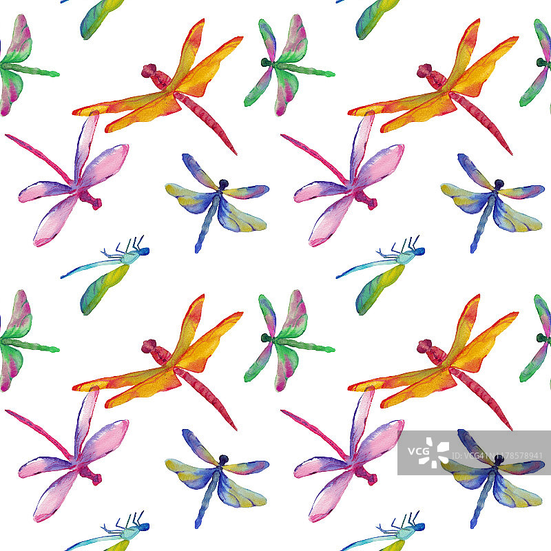 水彩蜻蜓在一个无缝的图案图片素材