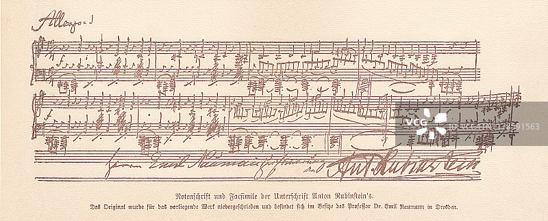 手稿和签名由安东·鲁宾斯坦(1829-1894)，传真，1885图片素材