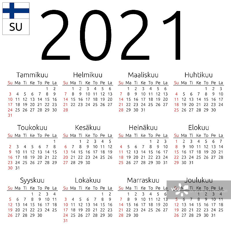 2021年日历，芬兰，周日图片素材