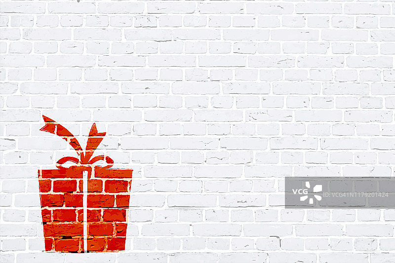 现代白色砖图案墙纹理垃圾背景圣诞矢量插图与一个红色的圣诞礼盒与丝带蝴蝶结，涂鸦涂鸦在墙上图片素材