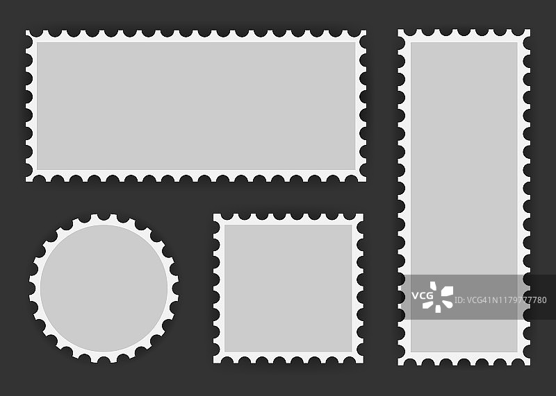 一套邮票，收集方形、圆形和矩形邮票，模板在深色背景上。矢量插图。图片素材