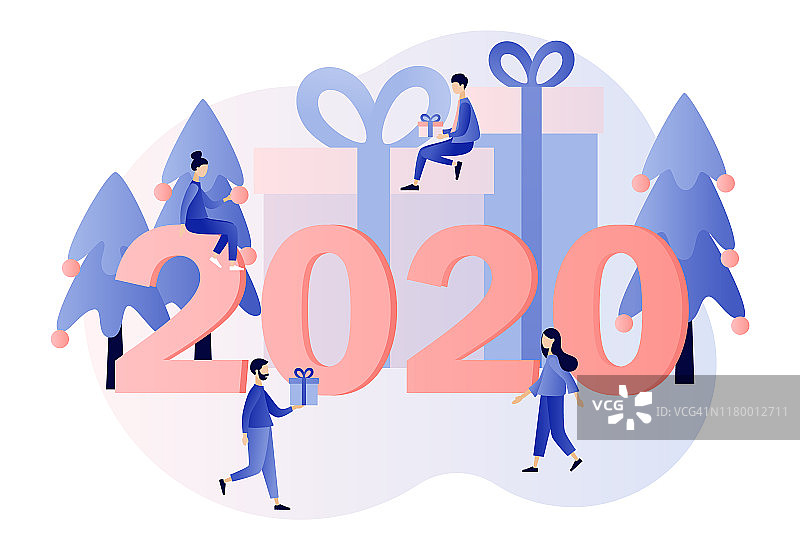 新2020年。小人们正在为新的一年做准备。现代平面卡通风格。矢量图图片素材