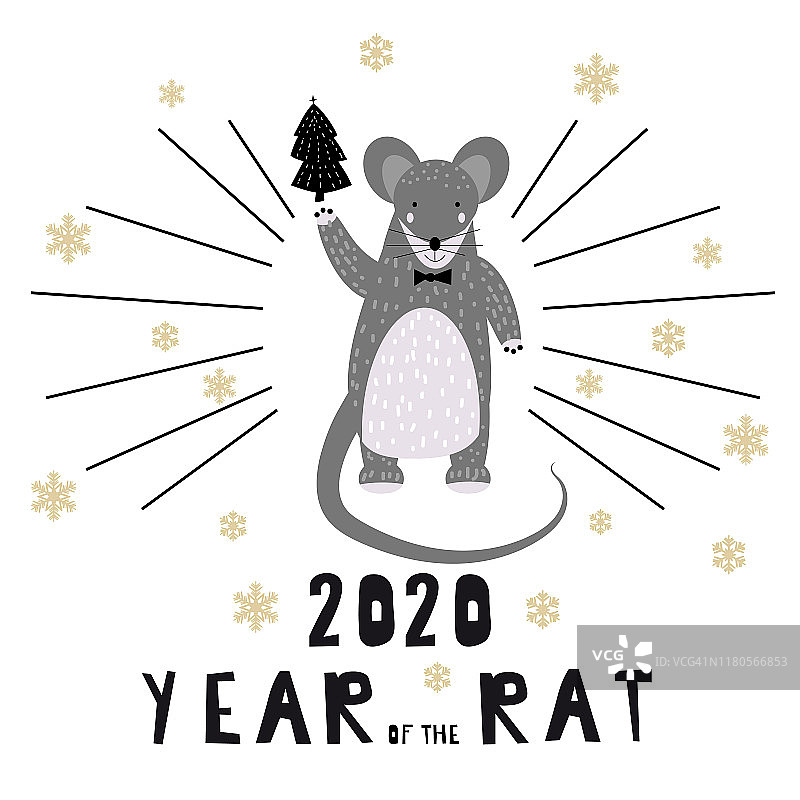 2020年中国鼠年生肖可爱人物贺卡模板北欧风格。矢量图图片素材