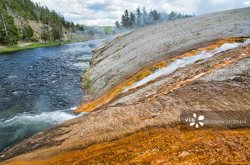 自然公园。埃克塞尔希尔间歇泉火山口的热水和彩色的水在火洞河中流动。黄石国家公园。美国图片素材