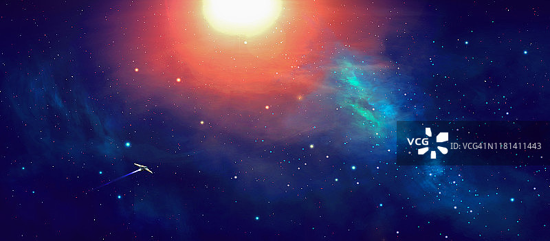空间全景背景。太阳用宇宙飞船照射到色彩斑斓的星云。数字的手绘画图片素材