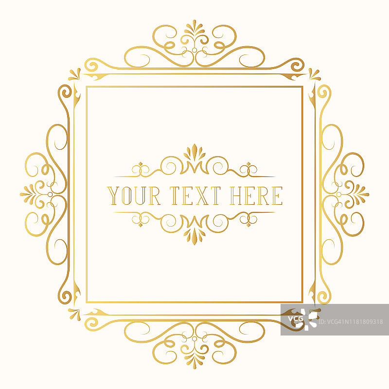 矢量孤立手绘古董装饰标签设计。黄金古董金丝婚框。金色华丽优雅的边界邀请卡。图片素材
