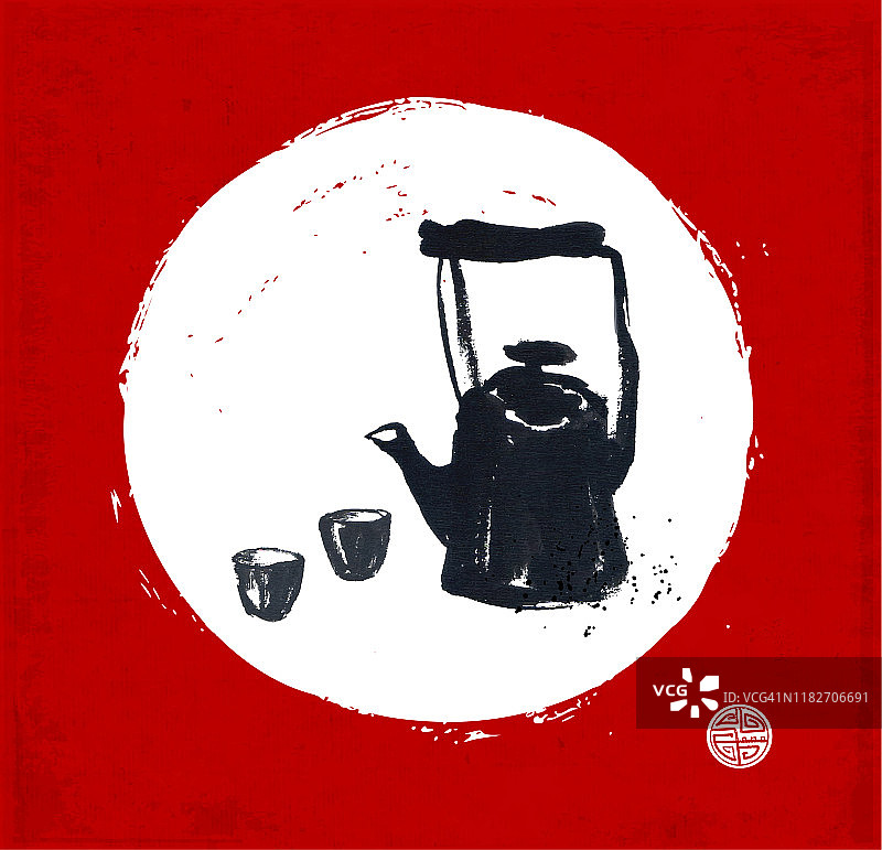 传统的亚洲茶道。用墨水手绘的茶壶和杯子。传统的日本水墨画。图片素材