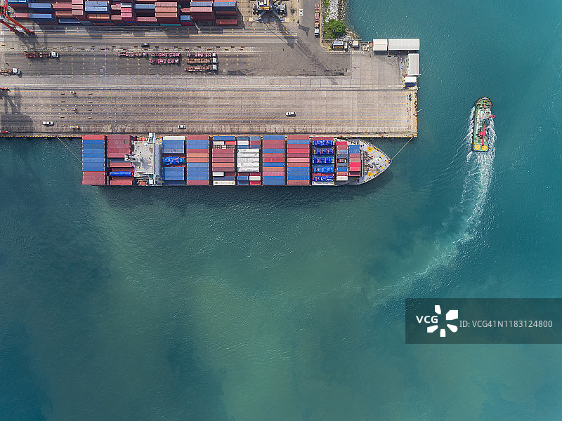 鸟瞰图集装箱货船在码头商业港口的业务物流，进出口，航运或运输。图片素材