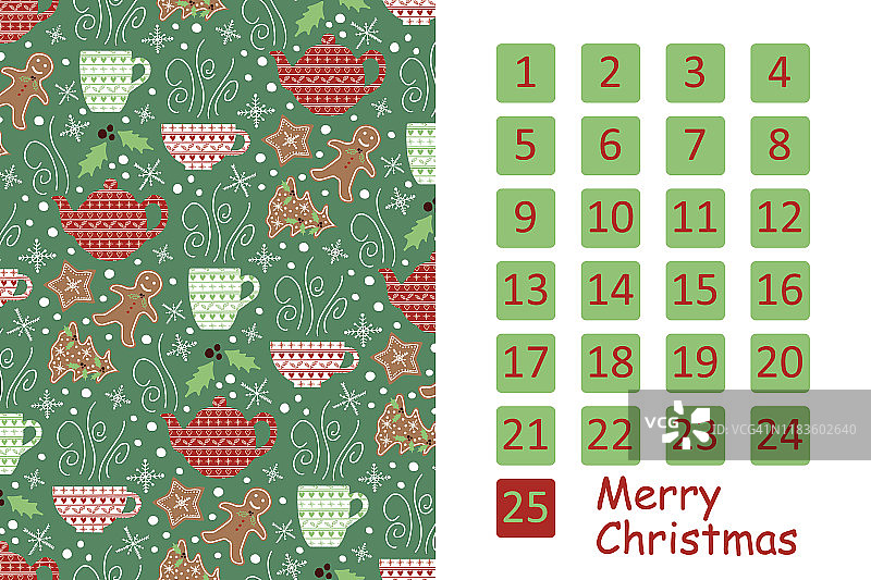 矢量圣诞倒转日历与手绘茶壶，茶杯，姜饼饼干和雪花。图片素材