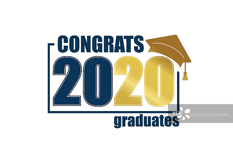 2020级。蓝色框架和金色数字与教育学位帽。毕业设计框架模板，高中或大学祝贺毕业生，年鉴。矢量插图。图片素材