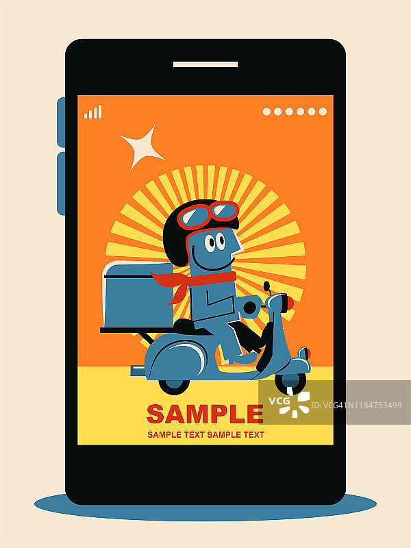 智能手机上的快餐外卖应用，手机上的蓝色男人骑摩托车图片素材