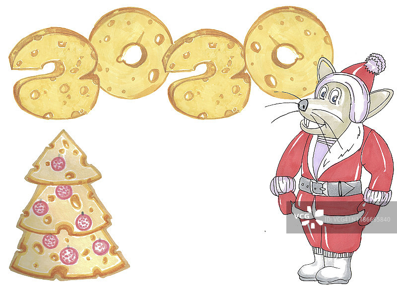 穿着圣诞老人服装的老鼠和有奶酪圣诞树的2020年新年奶酪数字图片素材
