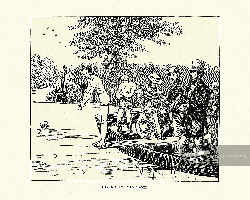 从划艇上跳入湖中的男孩，维多利亚19世纪，户外娱乐图片素材