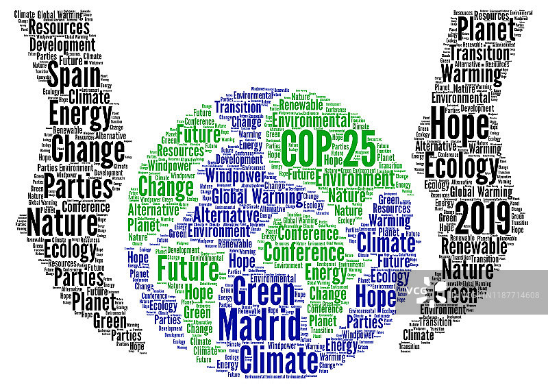 在西班牙马德里举行的COP 25会议上，文字云图片素材