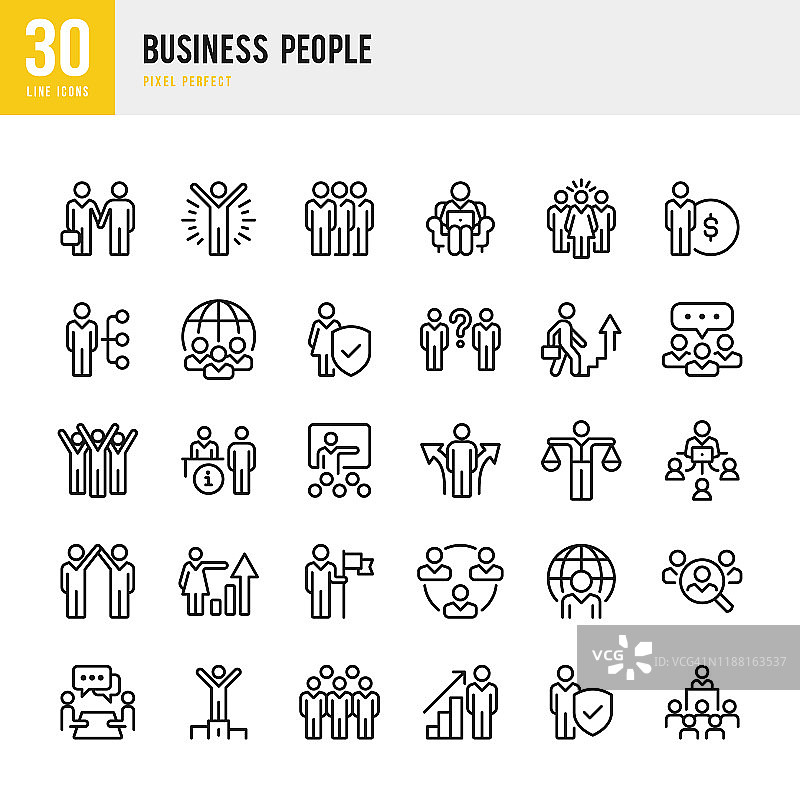 业务人员-瘦线性矢量图标集。像素完美。该集合包含诸如“人”、“团队”、“展示”、“领导”、“成长”、“经理”、“成功”、“伙伴关系”等图标。图片素材