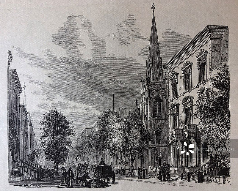古董插图-纽约1881 -第五大道在角落的第二十一街图片素材
