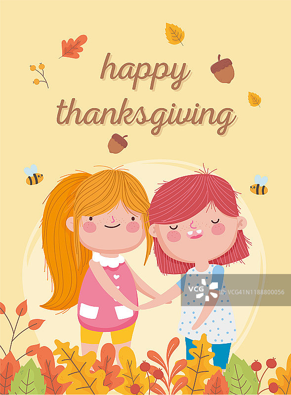 感恩节快乐，可爱的小女孩，橡子，蜜蜂，落叶图片素材