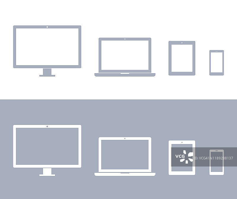 技术设备;采购产品电脑显示器，电视，笔记本电脑，平板电脑，智能手机图标设置在灰色和白色图片素材