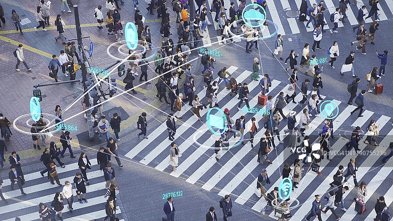 人与科技的概念，拥挤的人群行走与全球沟通的图标，用网络连接线。物联网和智慧城市概念，技术未来概念图片素材
