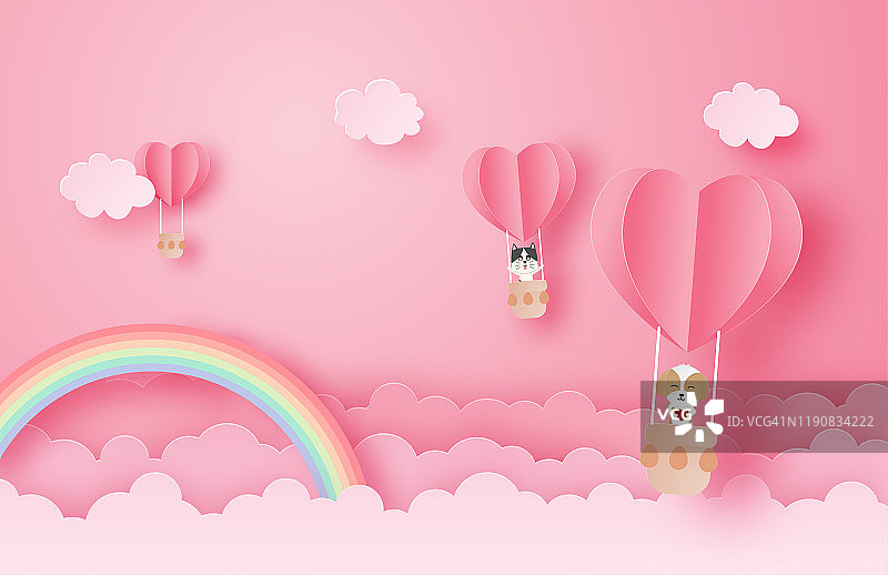 爱情和情人节贺卡的插图剪纸风格。快乐的狗和猫在热气球上飞过云和彩虹。数字工艺纸艺术。图片素材