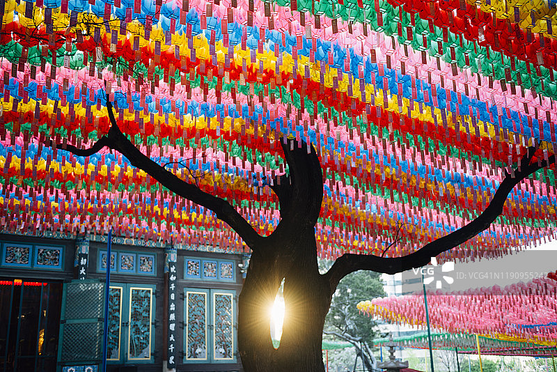 日落时装饰着纸灯笼的若都寺，首尔，韩国图片素材