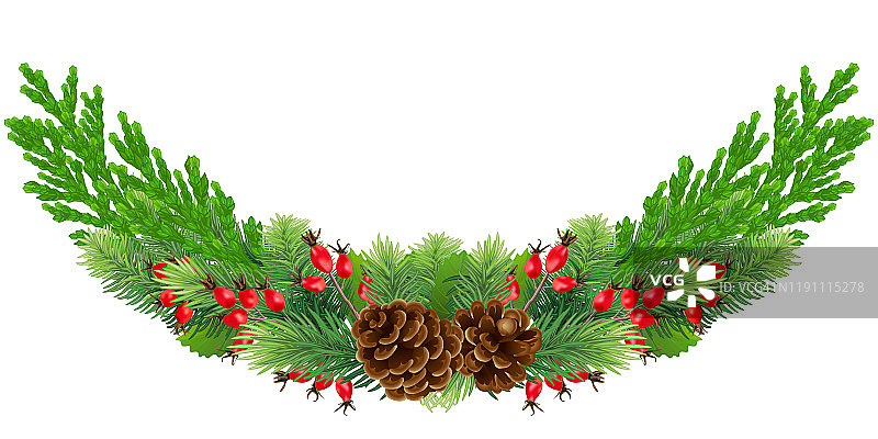 由松树、柏树、红玫瑰果、冬青和球果制成的宽大的圣诞花环。孤立。图片素材