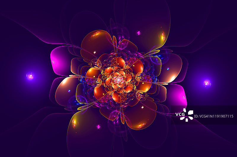 紫罗兰和橙色发光的花分形在黑暗的背景图片素材