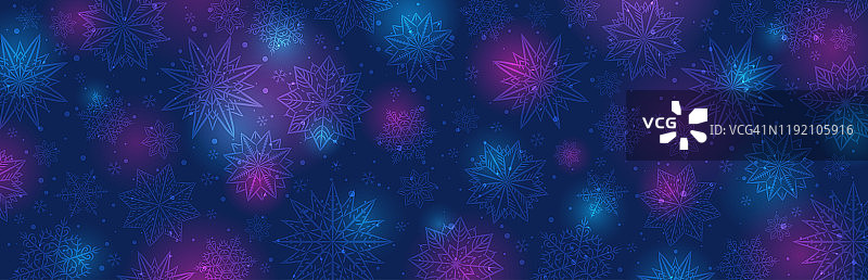 缀满雪花和星星的蓝色圣诞横幅。圣诞快乐，新年祝福横幅。横向的新年背景，标题，海报，卡片，网站。矢量图图片素材