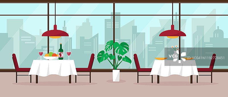 现代餐厅内部有大的全景窗口和城市景观。室内概念矢量插图或背景。图片素材