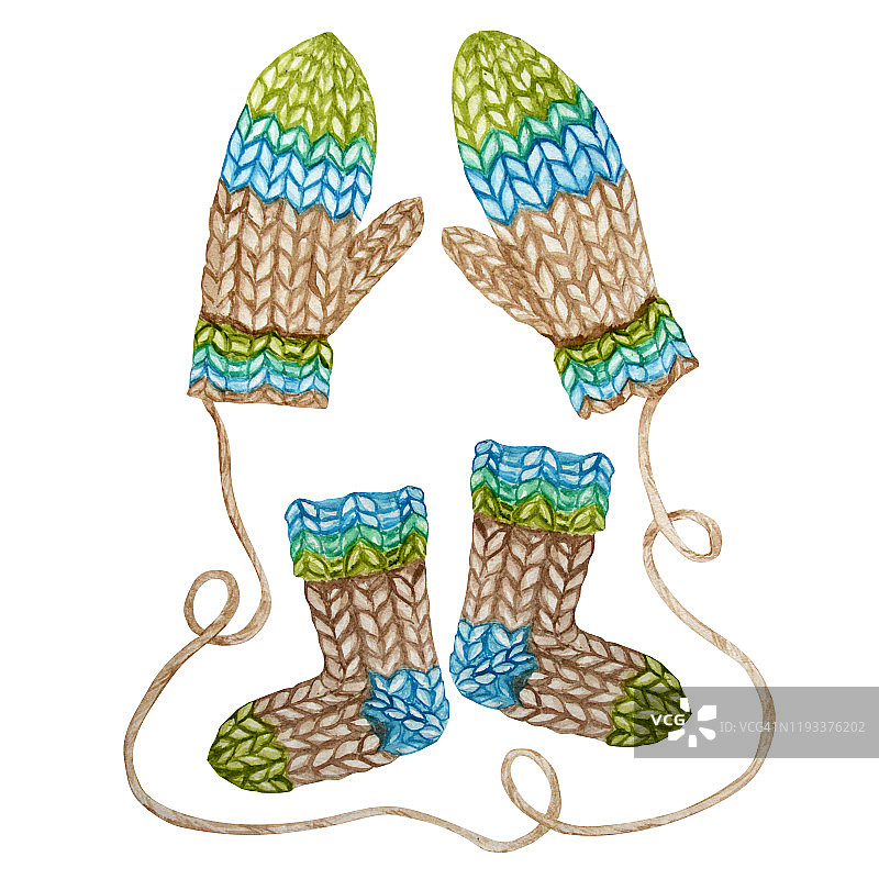 水彩手绘针织冬季羊毛服装套装。连指手套,袜子。编织元素为蓝绿色棕色。温暖时尚的配件系列孤立的白色背景。手绘图片素材