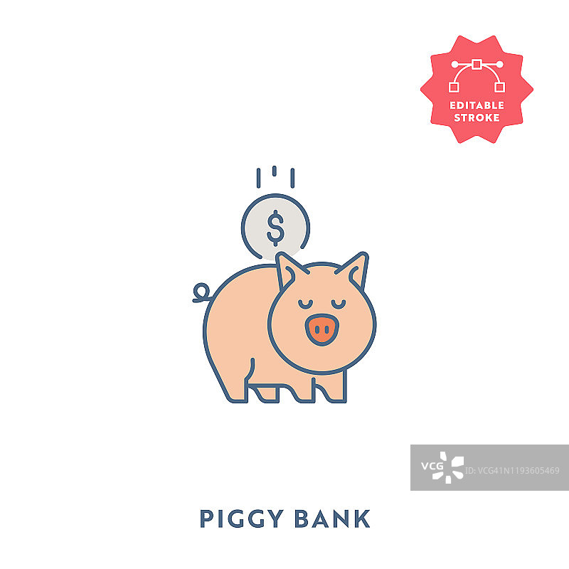 Piggy Bank平面图标，可编辑的描边和像素完美。图片素材