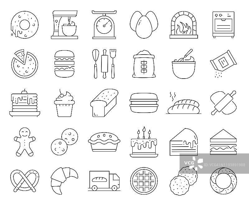 面包房和糕点相关的矢量线图标的简单设置。大纲符号集合。可编辑的中风。图片素材