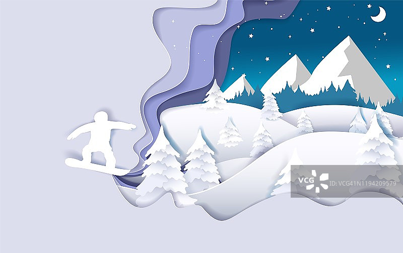 滑雪板，矢量纸艺术风格海报横幅模板图片素材