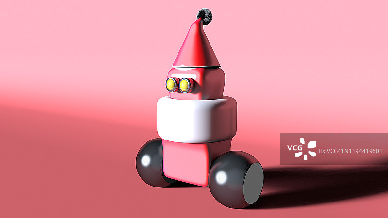 3D渲染可爱的红色机器人与两个轮子和圣诞老人派对帽子在粉红色的背景。未来技术和机器人概念。图片素材