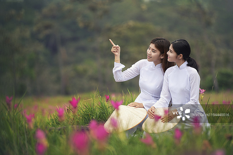 美丽的越南女孩在一个美丽的粉红色花的背景下，穿着传统的裙子(傲黛)。一个用手指着，另一个看着。图片素材
