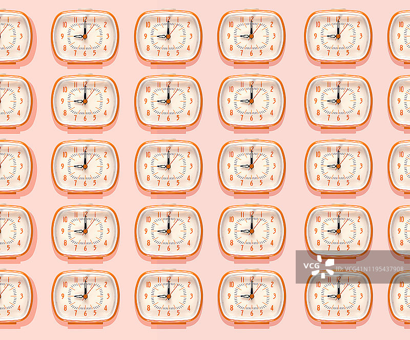 3D插图，一排橙色闹钟在9点图案上的粉红色背景图片素材