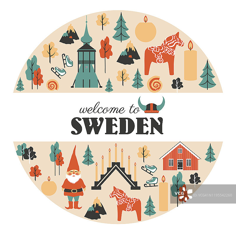 瑞典矢量传统符号，Tomtar精灵，Dalecarlica马，Dalarna马，红房子，蜡烛，烛台，教堂钟楼，Kiruna，孤立在白色，装饰圆形框架旅行扁平图片素材