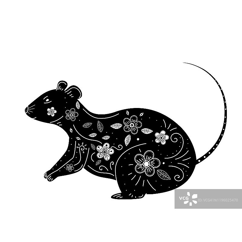 有花卉图案的老鼠剪影。象征2020年的中国新年。图片素材