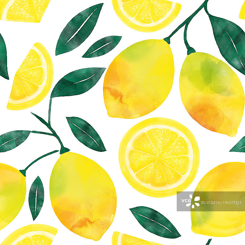水彩手画柠檬和柠檬片无缝图案。春、夏概念背景。图片素材