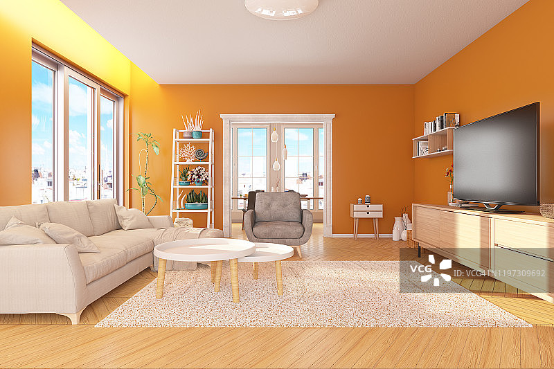橙色的客厅和电视机图片素材