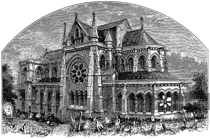 位于爱尔兰科克的圣芬·巴雷大教堂正在建设中——19世纪图片素材
