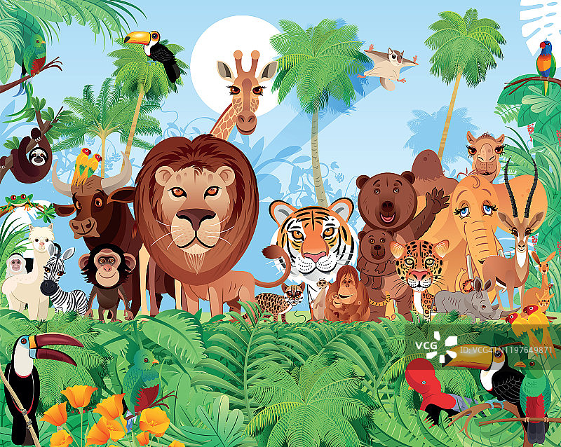 热带森林和可爱的动物图片素材