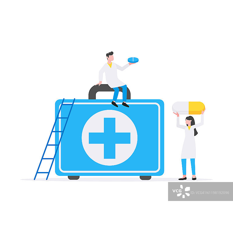 医疗保健医学概念与微小的人医生和大的急救箱装满了药物和治疗矢量插图孤立在白色的背景。适合横幅，网站，卡片。图片素材